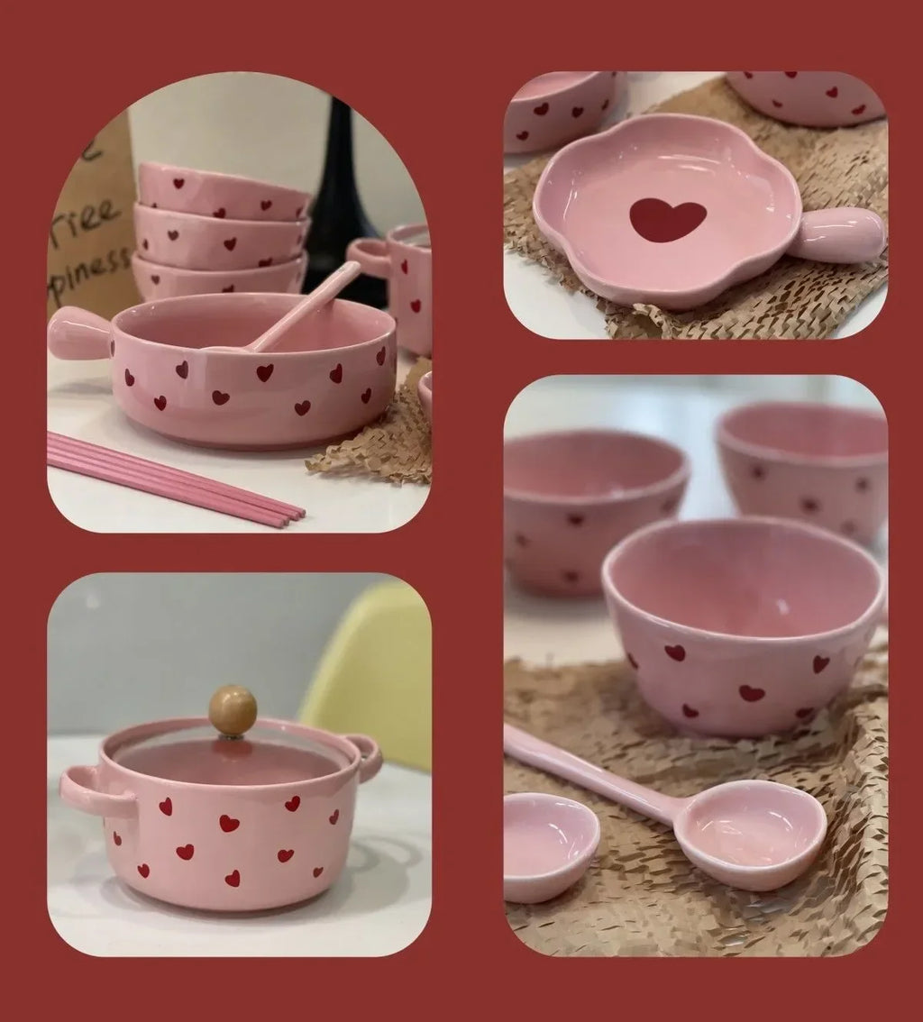 Pink Love Cutlery Set Rice Bowl Ceramic Double Ear Instant Noodle Soup Bowl Hand Paired Spoon Combination Noodle Bowl