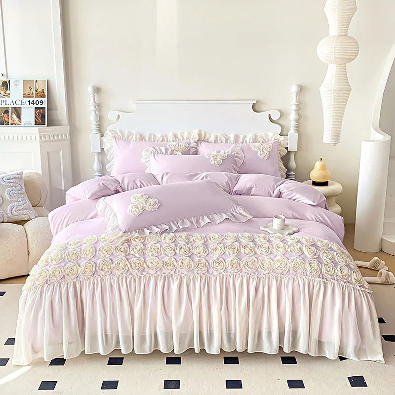 Soft Three-dimensional Flowers Embroidery Lace Ruffles Princess Bedding Set Duvet Cover With Pillowcases