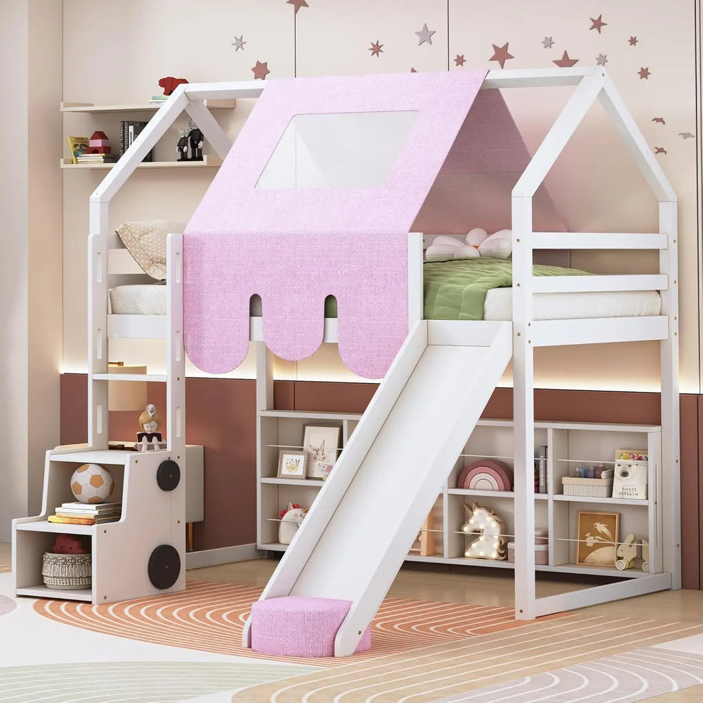Twin House Loft Bed with Stairs and Slide, House Loft Bed with Storage Shelves,Stairway Playhouse Beds with Roof Tent and Ladder