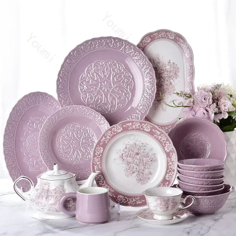 Purple Ceramic Plate Retro French Style Exquisite Dining Plates Home High End Tableware