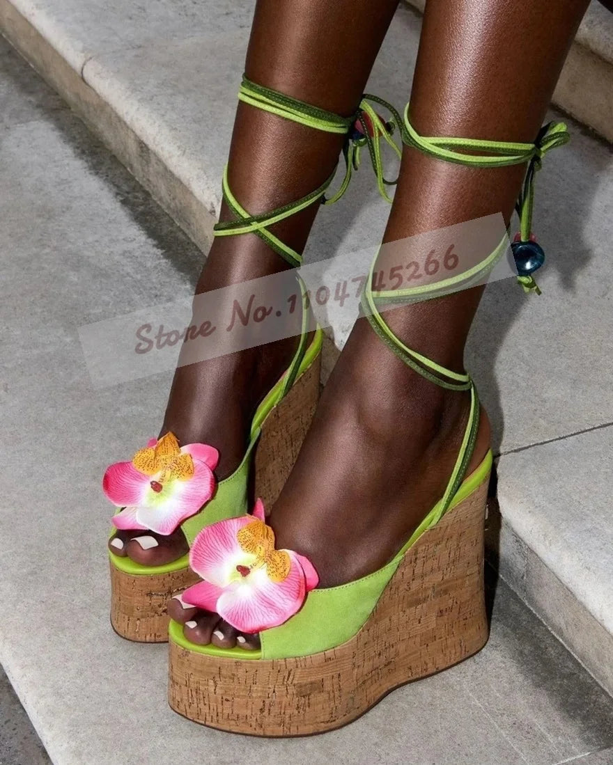 Ladies Cork Platform Pink Flower Sandals Wooden Wedged Heel Pink Blossom Dress Shoes Lace-Up Slingback Pumps