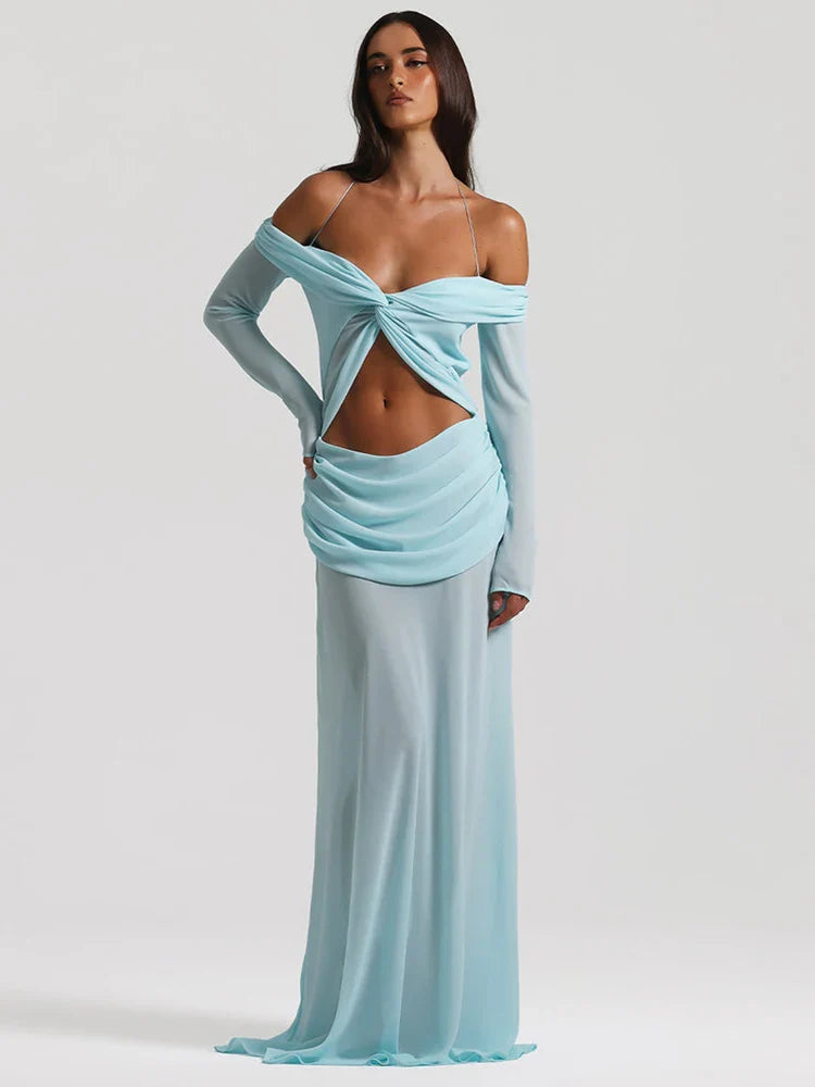 Hollow Out Ruched Sexy Maxi Dress Women Gown Halter Long Sleeve Strapless Backless Draped Slim Elegant Long Dress