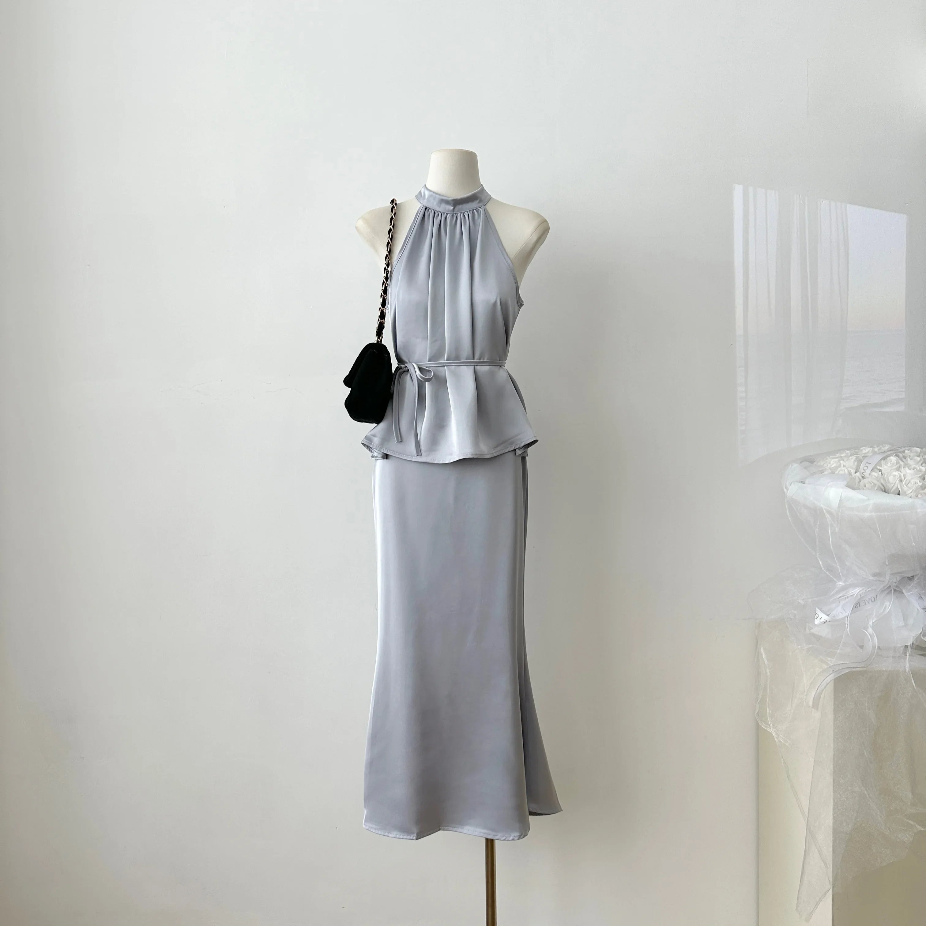 Sweet Hot Girl Casual Suit Women's Summer Satin Sleeveless Top High Waist Long Skirt Two-piece Set Fashion Female Clothes