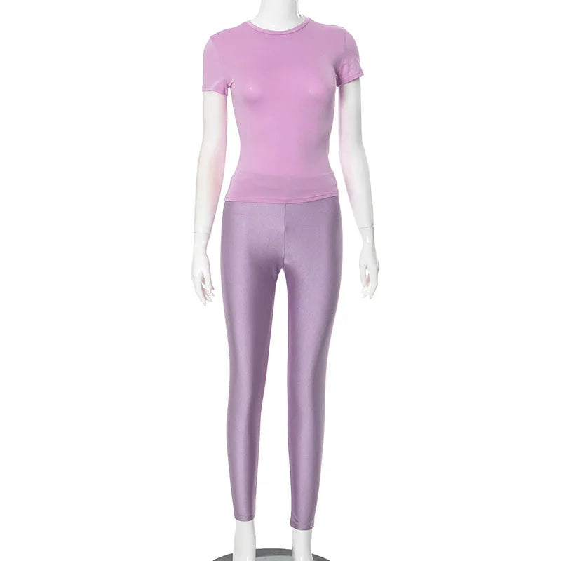 Casual Women 2 Piece Set Tracksuit Shorts Sleeve Crop Tops+Silky Leggings Matching