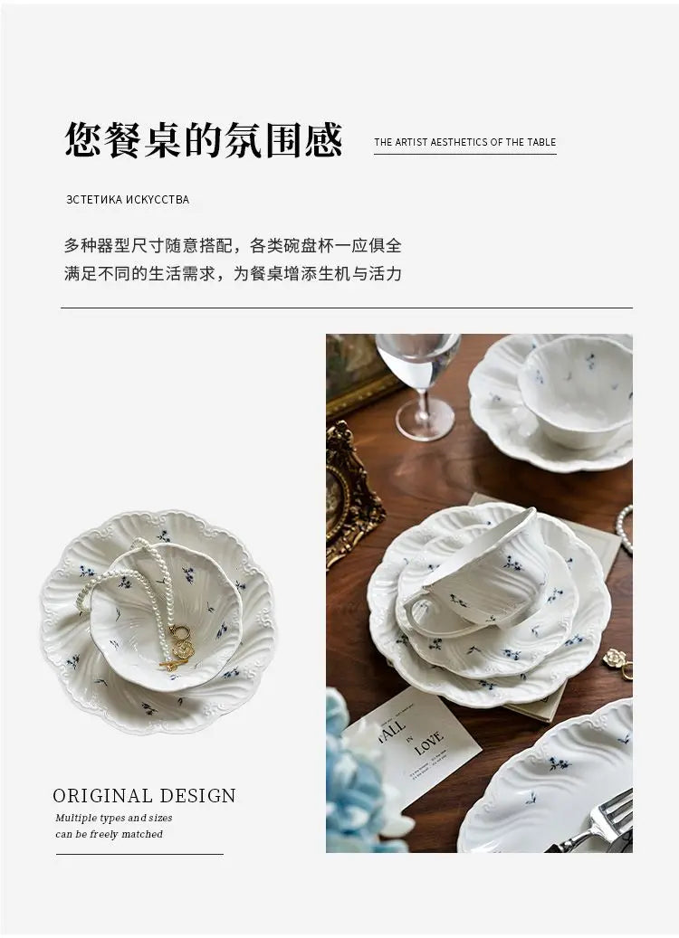 Ceramic Floral Bowl Dish Set Oval Plate New French Medieval High-end Cup Dish Set
