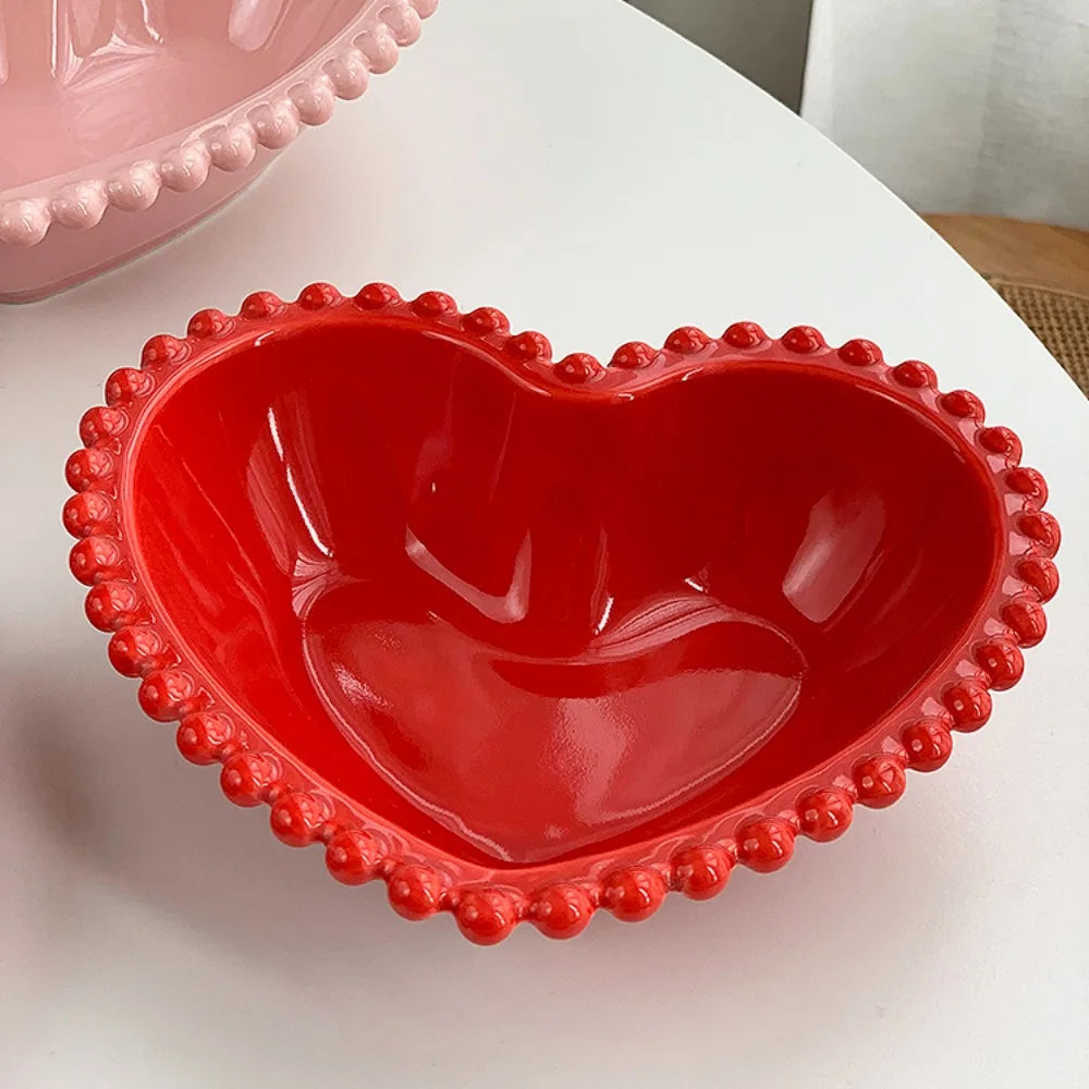 Porcelain Red Pink Bead Dots Ceramic Heart Dinner Plate Tableware