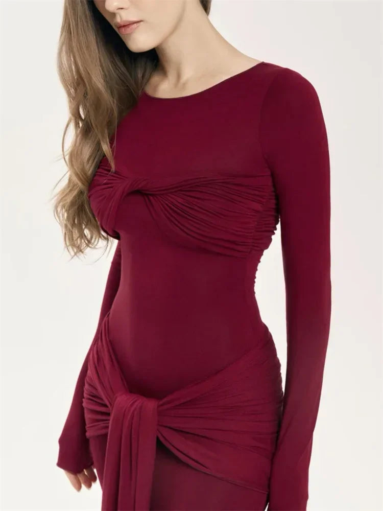 Female Pleated Sexy Maxi Dress Patchwork Twist Slim Long Sleeve Solid Women's Bodycon Dress