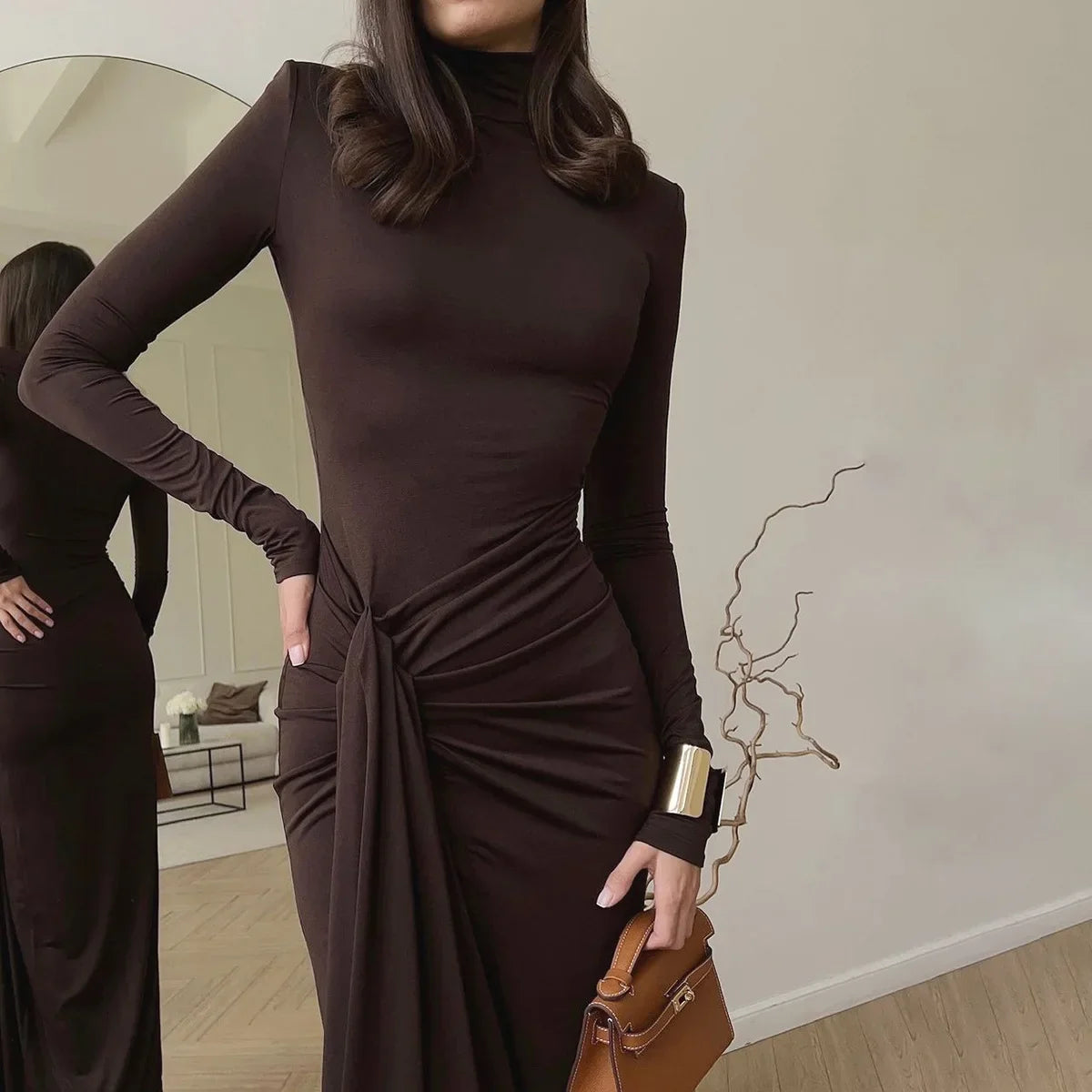 Pleated Bandage Long High Waist Slim Patchwork Long Sleeve Elegant Women's Maxi Dress