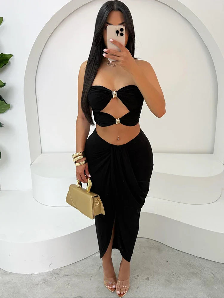 Sexy Women 2 Piece Set Coquette Hot Hollow Pleated Mini Tanks+Cross Maxi Skirts