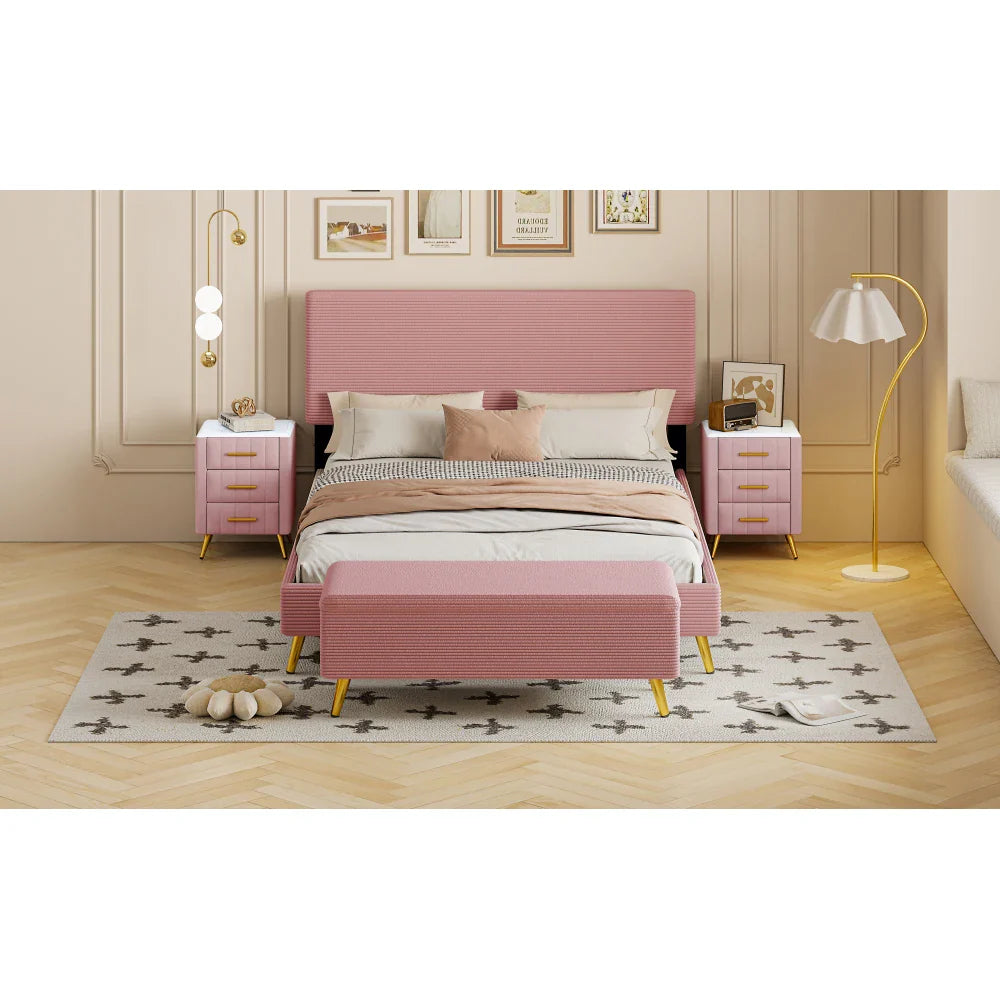 Pink 2 Pieces Bedroom Sets Queen Size Upholstered Bed Frame, Modern Corduroy Storage Ottoman
