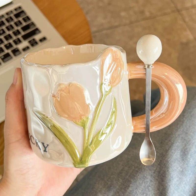 Creative Tulip Ceramic Cup with Handle Spoon Mugs