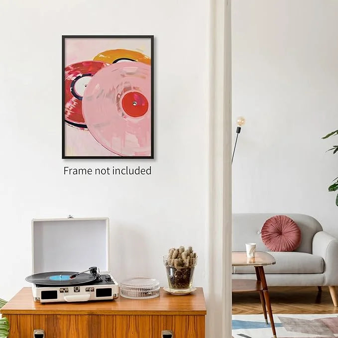 Retro Vinyl Rotation Art - Pink Record Disc Trio Frameless Decorative Painting for Music Lover's Wall