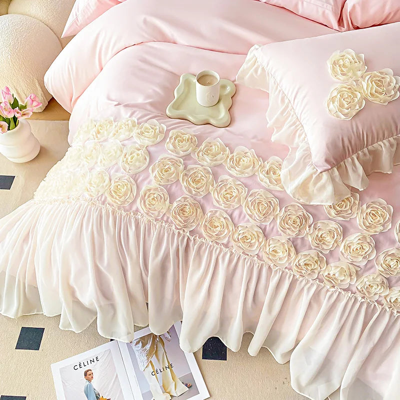 Soft Three-dimensional Flowers Embroidery Lace Ruffles Princess Bedding Set Duvet Cover With Pillowcases
