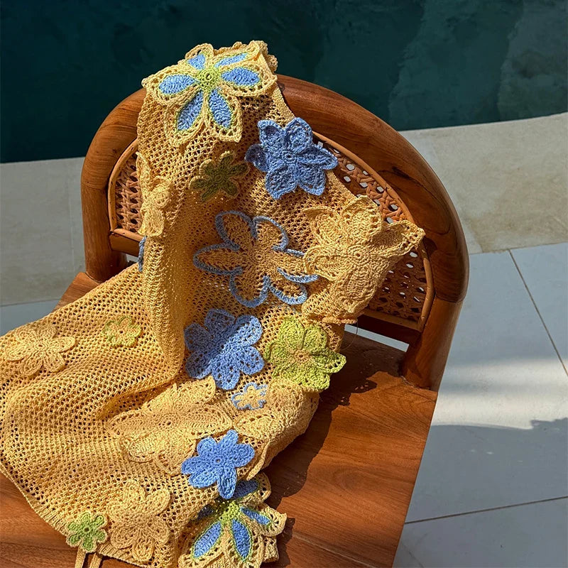 Sexy Beach Women's Set Beading Flower Crochet Crop Top Slim Maxi Skirt Female Suit Summer Hollow Out Knit Lady Dress Sets