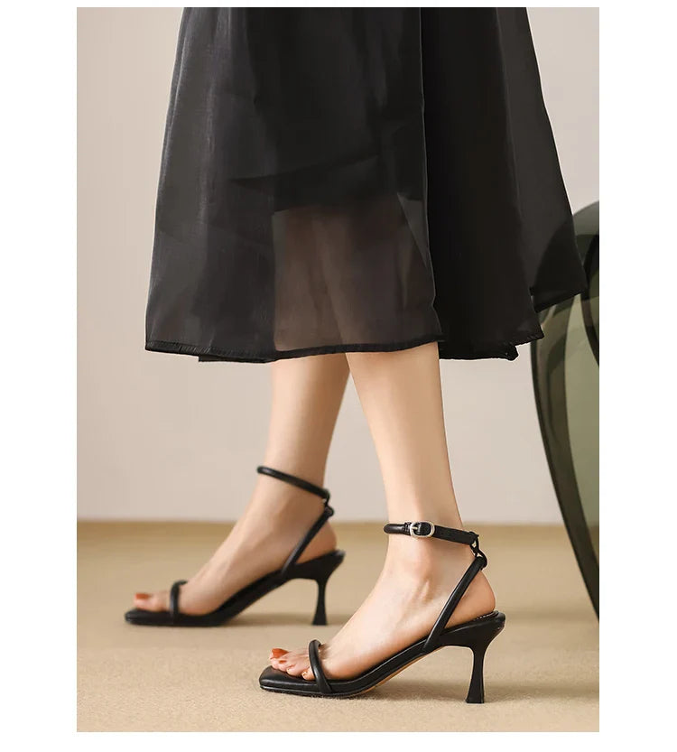 Women's High Heel Sandals Square Toe Thin Heels One-length Strip Open Toe Sandals