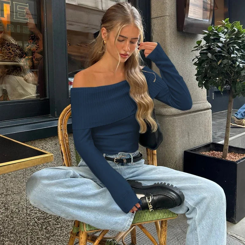 Tight Solid Elegant Off Shoulder Ribbed Crop Tops Summer Fashion Casual Skinny Long Sleeve Camisole
