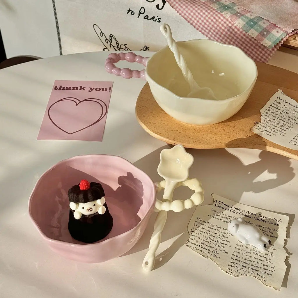 High Beauty Ceramic Instant Noodle Bowl with Pearl Handle Home Irregular Shape Cute Yogurt Bowls Fruit Dessert Tableware