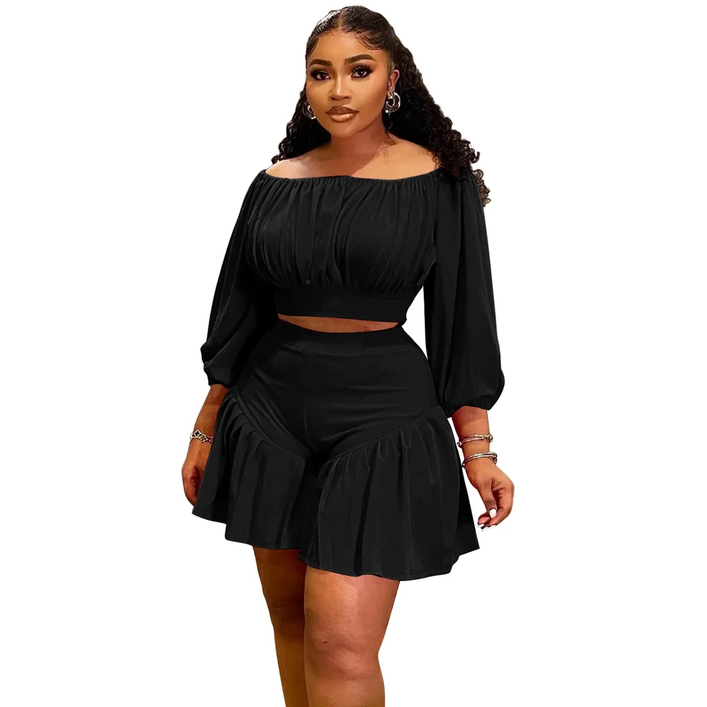 Plus Size Women's Set Long Sleeve Slash Neck T-Shirt and Shorts Summer Ruched Two 2 Piece Set Outfits Tracksuit