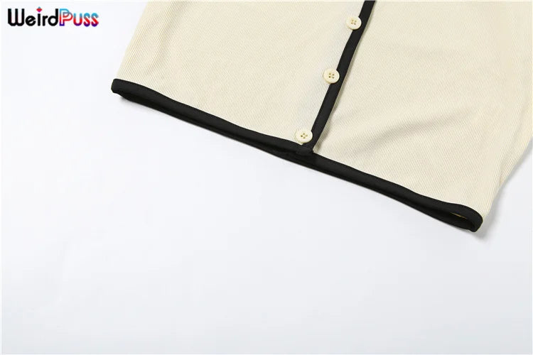 Ribbed Women 2 Piece Set Polo Neck Button Shorts Crop Tops+Mini Skirts Matching Stretch Elegant Streetwear Outfits