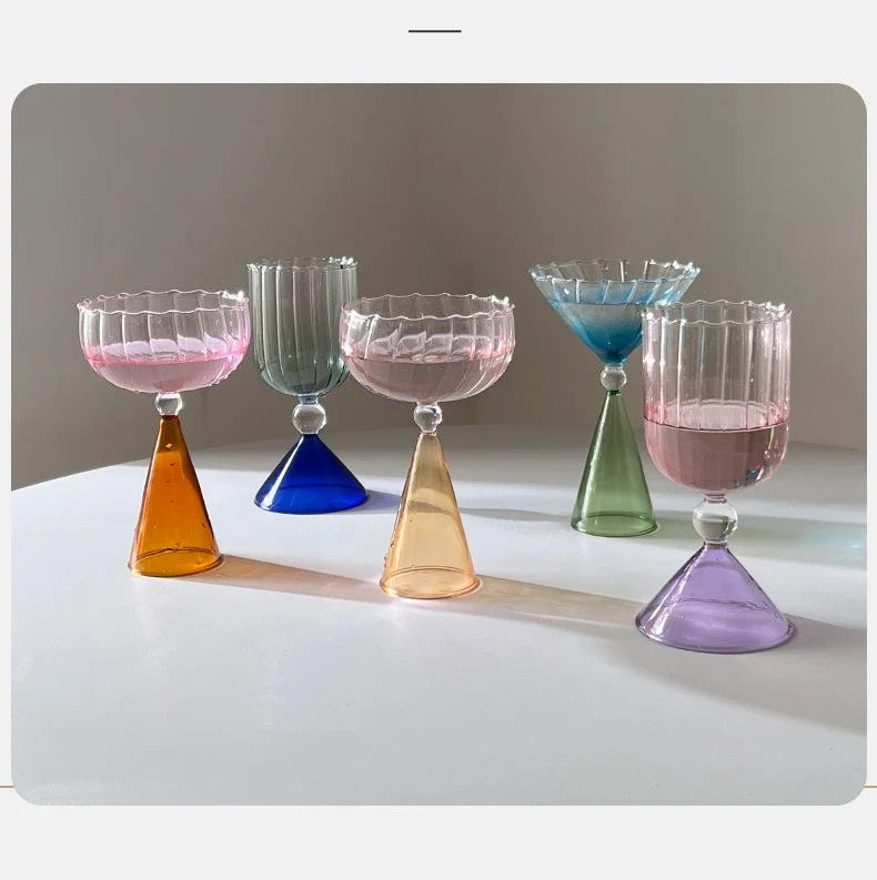 Clear Two Tone Green Blue Amber Purple Colored Ripple Style Martini Mojito Champagne Margarita Cocktail Glasses Goblet Cup