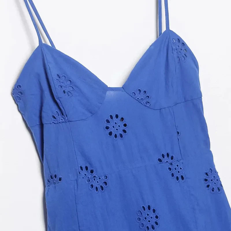 Sling Mini Dress Women Summer Side Zipper Slim Vintage Backless Elastic Thin Straps Female Blue Dress