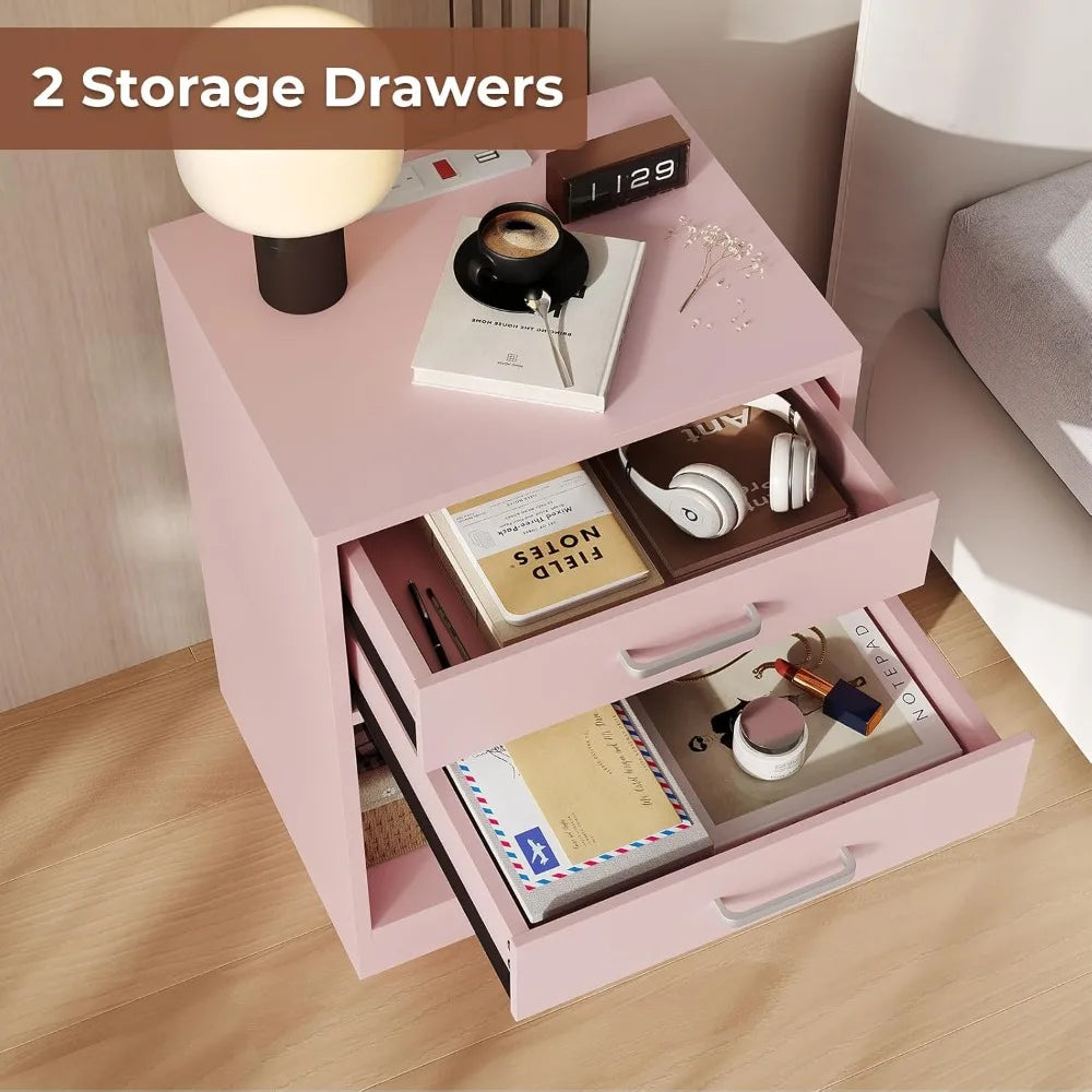 Night Stand Set 2, Pink Nightstand with Charging Station & Drawers, Night Stands for Bedrooms Set of 2, Bedside Table with Drawers