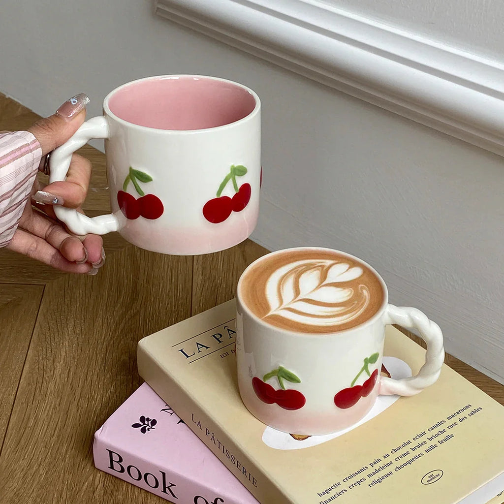 Pink Cherry Ceramic Mug, Twist Handle Ceramic Exquisite Pink Gradient Cup