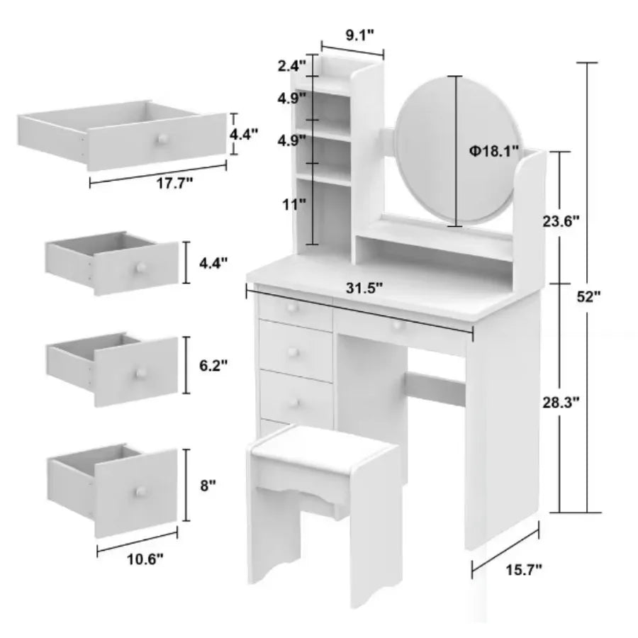 Pink 5-Drawers Makeup Vanity Dressing Table Set with Stool, Mirror and Storage Shelves Girls Dressing Table