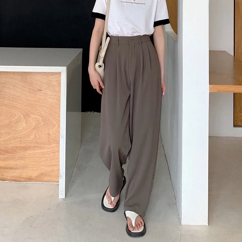 High Waist Women Suit Pants Fall Straight Office Ladies Fashion Trousers Casual Button Loose