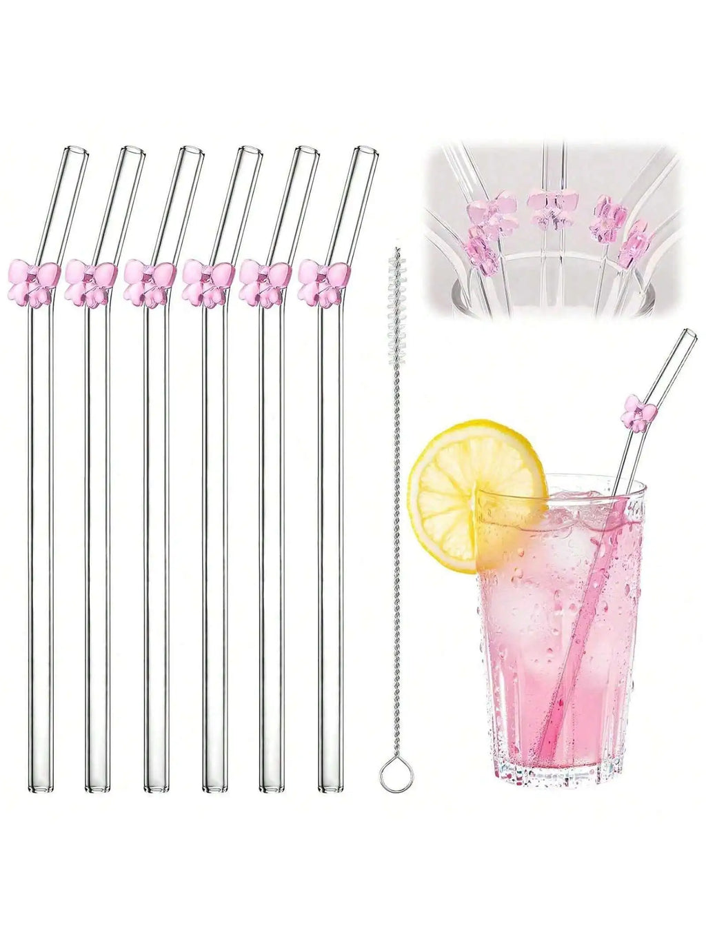 Reusable Cute Bow Glass Straws with  Cleaning Brush