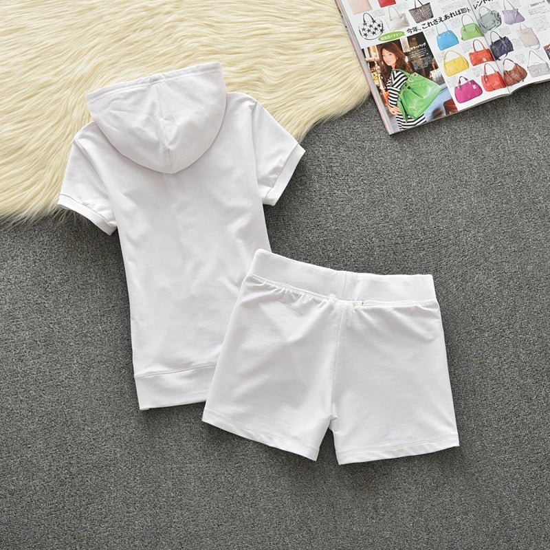 Summer Cotton Hoodie Sport Set Women's Solid Color Short Sleeve Shorts JC Summer Casual Fashion Two Piece Set