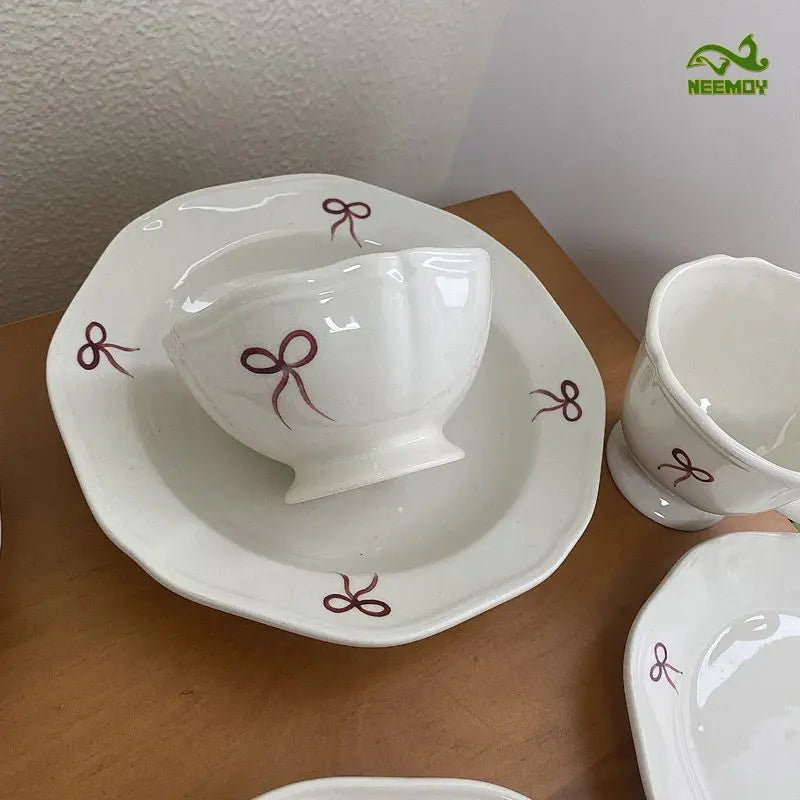 Vintage Red Bow Plate Deep Plate Underglaze Colored Ceramic Tableware Dishes