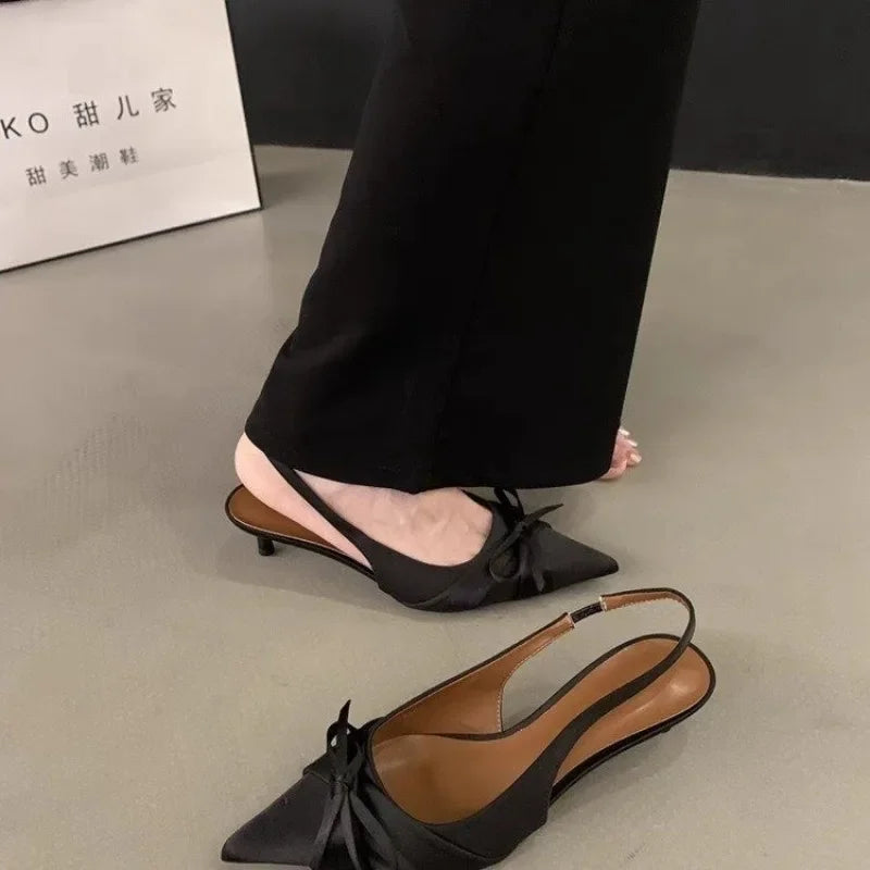 Female Shoes Slingbacks Women's High Heels Slip on Dress Pumps Women Pointed Toe Bow Tie Low Thin Heel Sandals