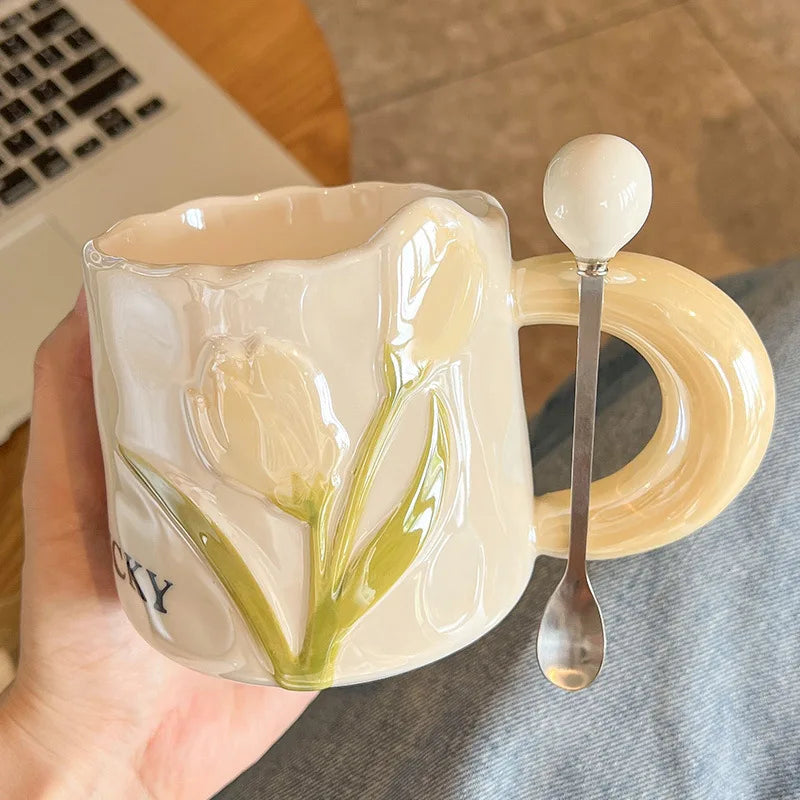 Creative Tulip Ceramic Cup with Handle Spoon Mugs