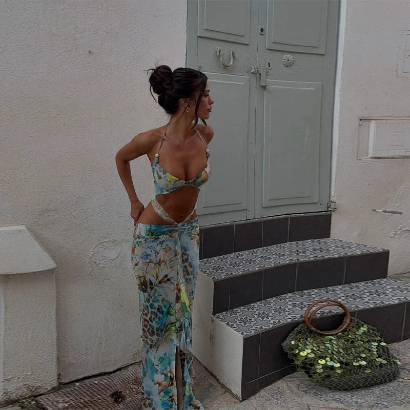 Women Sexy Printed Chic Sleeveless Hollow Out Halter Bodycon Mini Dress Ladies