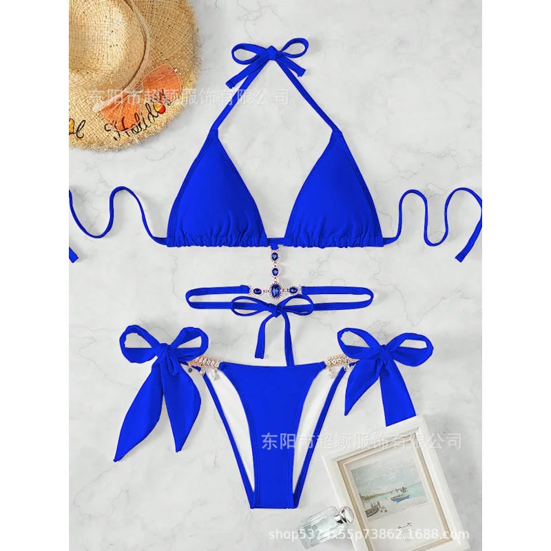 Women's Swimwear Crystal Diamond Triangle Bandage Backless Beach Bikini Swimsuit