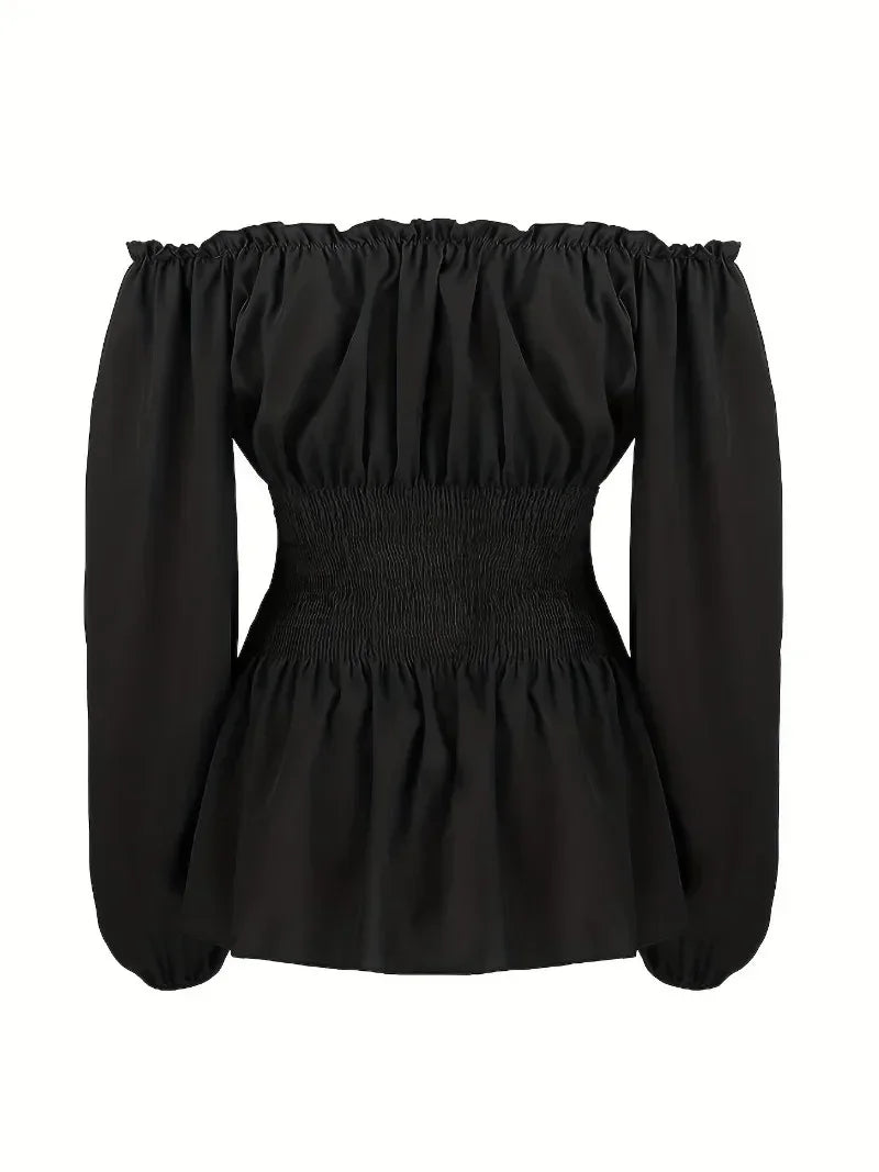 Women's Summer Plus Size 1XL-5XL Outfits Versatile Solid Color Long Sleeve Blouse Fashion Off Shoulder Lace Up Corset Shirt