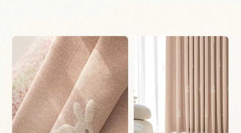 Pink Cartoon 3D Embroidered Rabbit Blackout Curtains for Living Room Bedroom Girls Room Sticky Chenille Drapes Home Decor