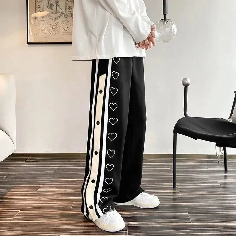 Harajuku Wide Leg Sweatpants Oversize Men Streetwear Side Button Baggy Pants Casual Hearts Sport Split Basketball Women Track Trousers