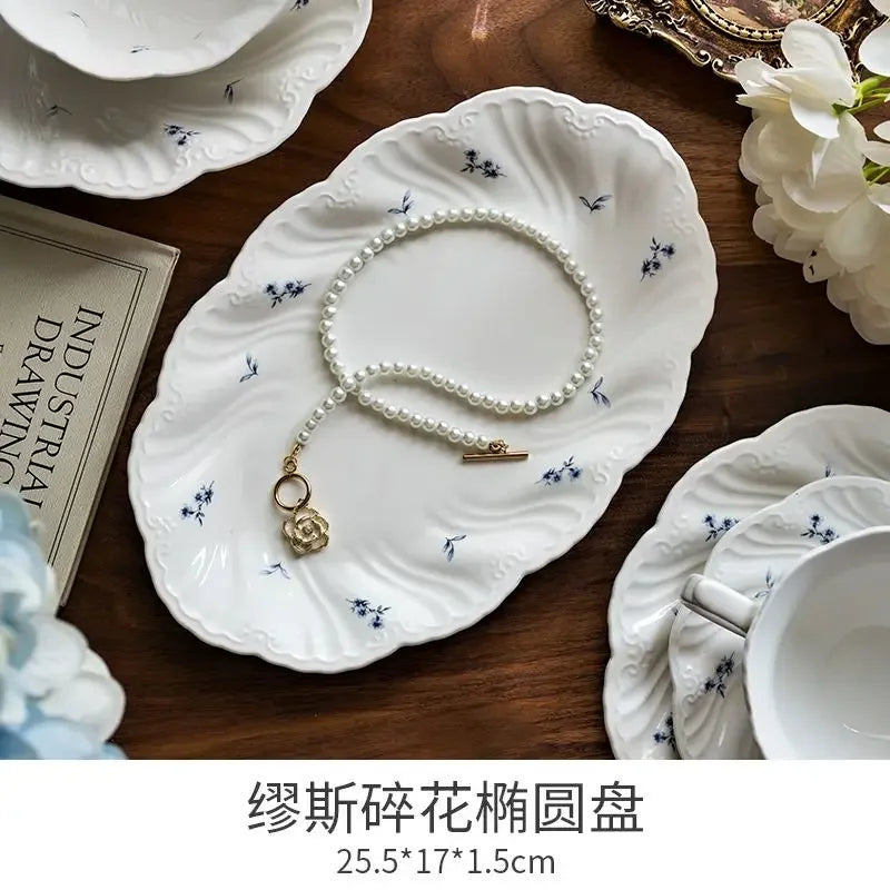 Ceramic Floral Bowl Dish Set Oval Plate New French Medieval High-end Cup Dish Set