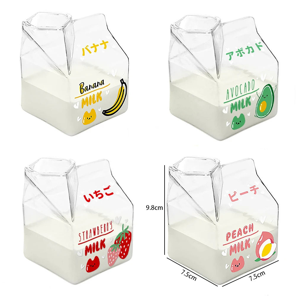 Kawaii Square Milk Carton Glass Cup Heat Resistant Cute Strawberry Peach Breakfast Cup Pudding Cup 380ml