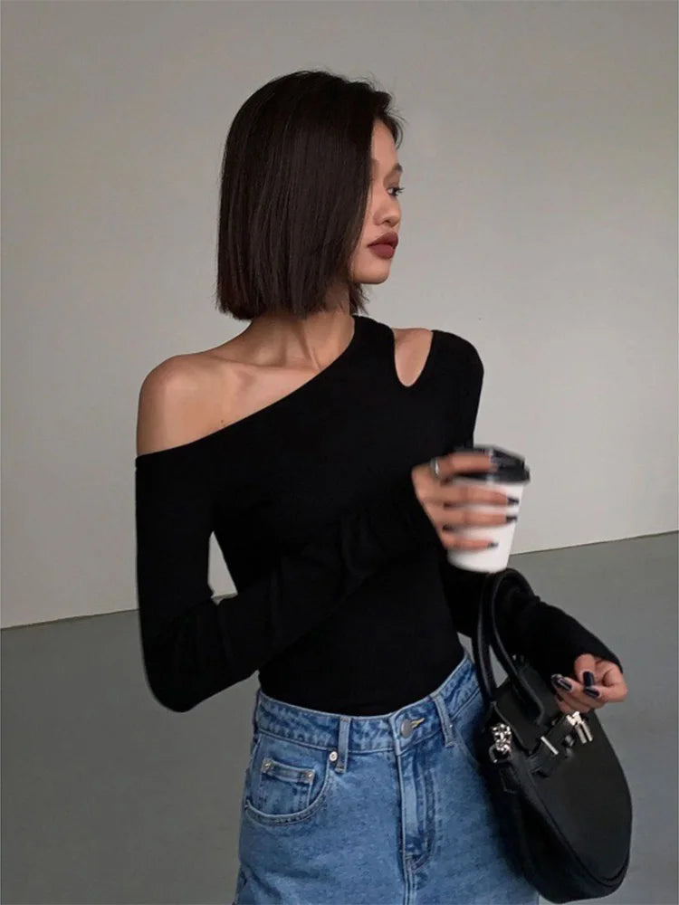 Skew Collar Off-shoulder Long-sleeved T-shirts Women Spring New Solid Slim Fit Crop Top Sexy Hollow Out Tees Shirts