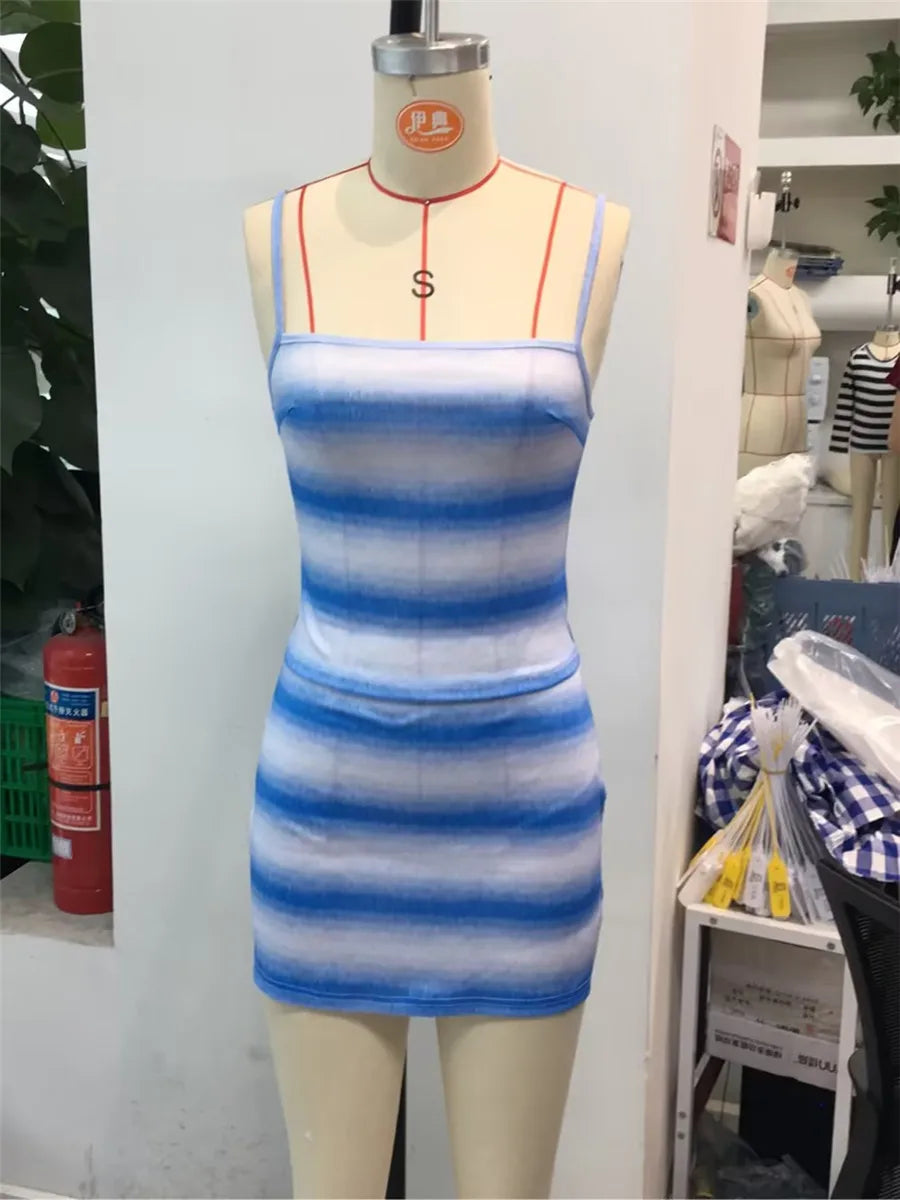 Women's 2 Pieces Summer Skirt Sets Gradient Striped Square Neck Sleeveless Crop Cami Tops Low Waist Mini Skirt