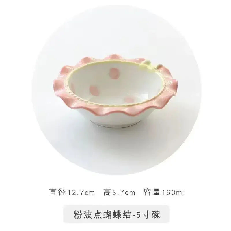 Heart-shaped Bow Wavy Edge Ceramic Dinnerware Set Ideal Cake Presentation,  Princess Pastry Platter, Lace-edged Rice Bowls