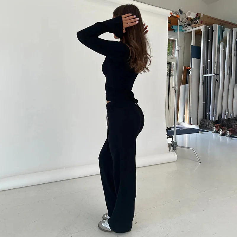 Fashion Drawstring High Waist Trousers Set Lace Up Flared Sleeve V Neck Twist Tops Plush Loose Pants Suit