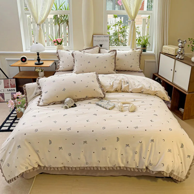 Princess Style Flowers Ruffles Soft Skin-friendly Duvet Cover Set Pillowcases Bedding Set