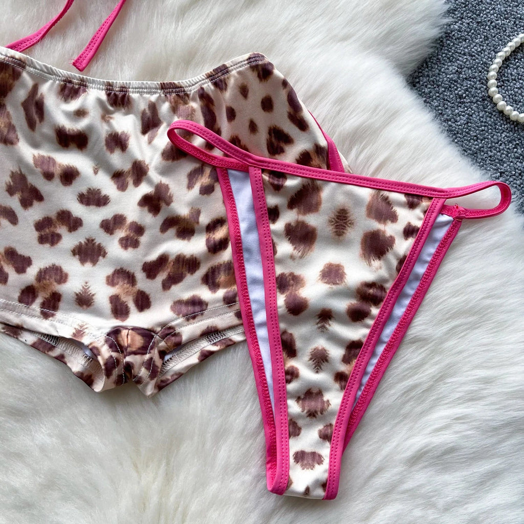 Leopard Bikini Hotsweet Three Piece Set Halter Bra+Slim Shorts+Mini Briefs Women Lace-Up Backless Sexy Suits