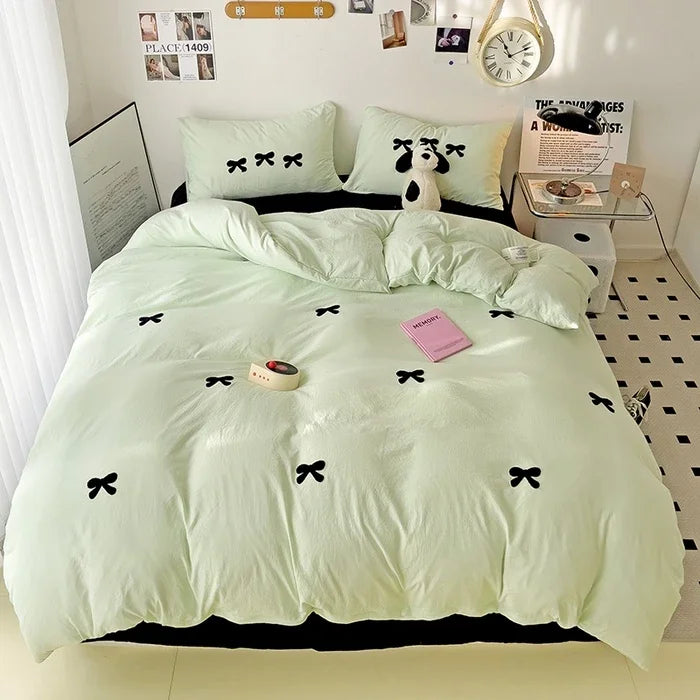 Girls Bedding Set with Bow Korean Breathable Duvet Cover No Filler Flat Sheet Pillowcases Mix Color Comforter Cover Set