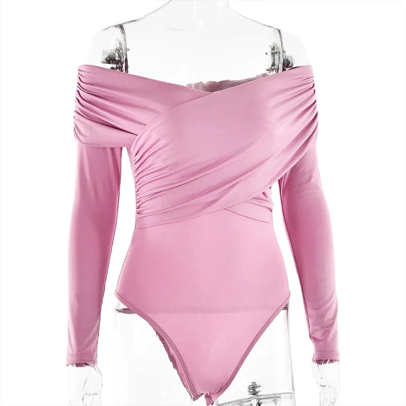Sexy Off Shoulder Women's Bodysuits Fashion Crossed Folds Skinny Rompers Long Sleeve
