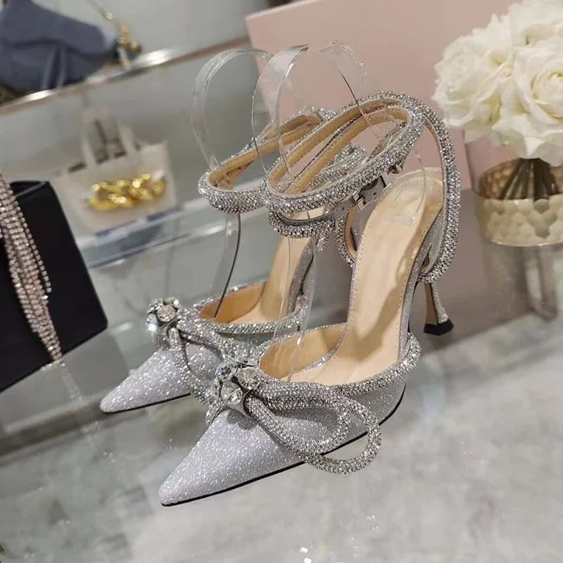 Glitter Crystal Women Pumps Sexy Ankle strap Rhinestones Bowknot High Heels
